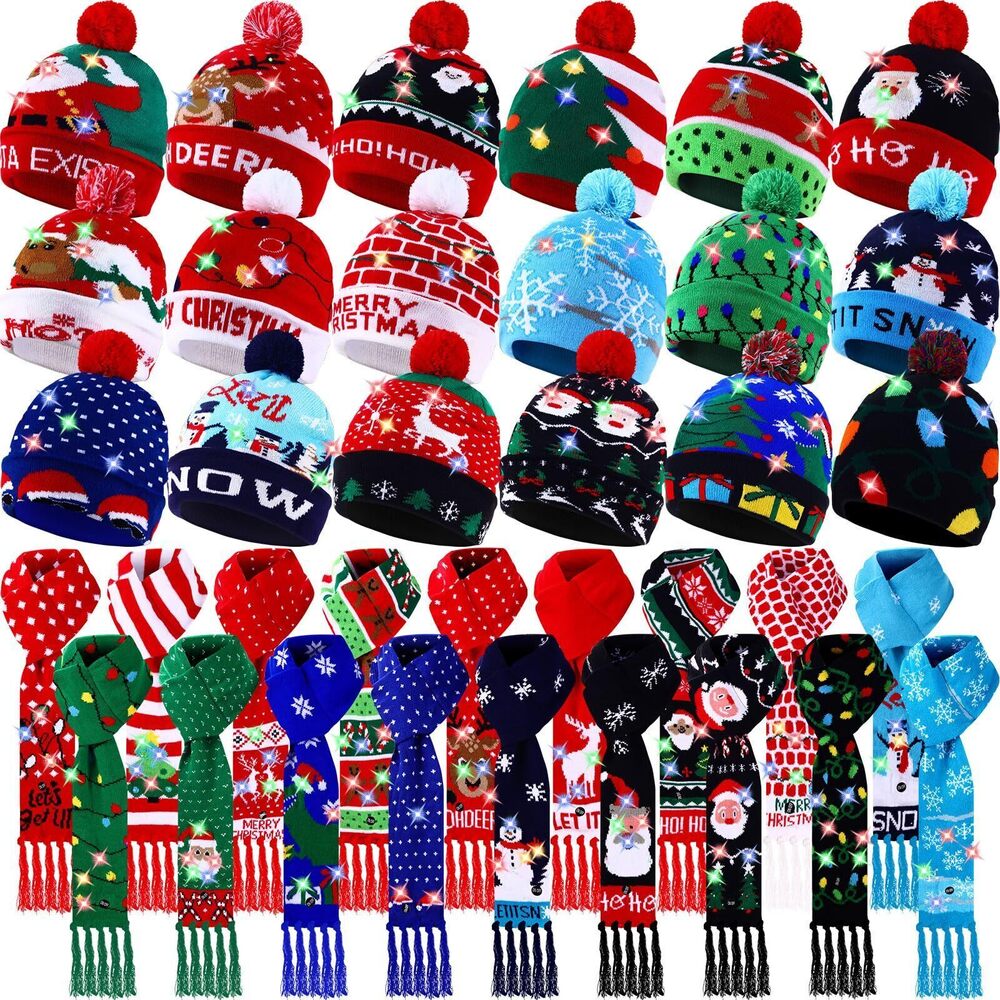 4803 36 Pcs Christmas LED Scarf and Beanie Set Including Light up Hat